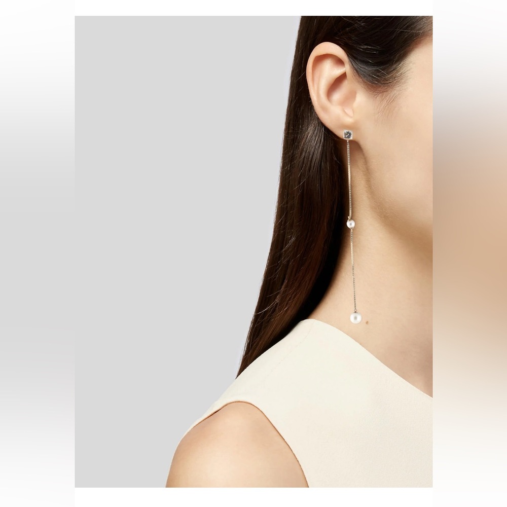 EARRINGS 14K Pearl & Topaz Station Chain Drop Earrings